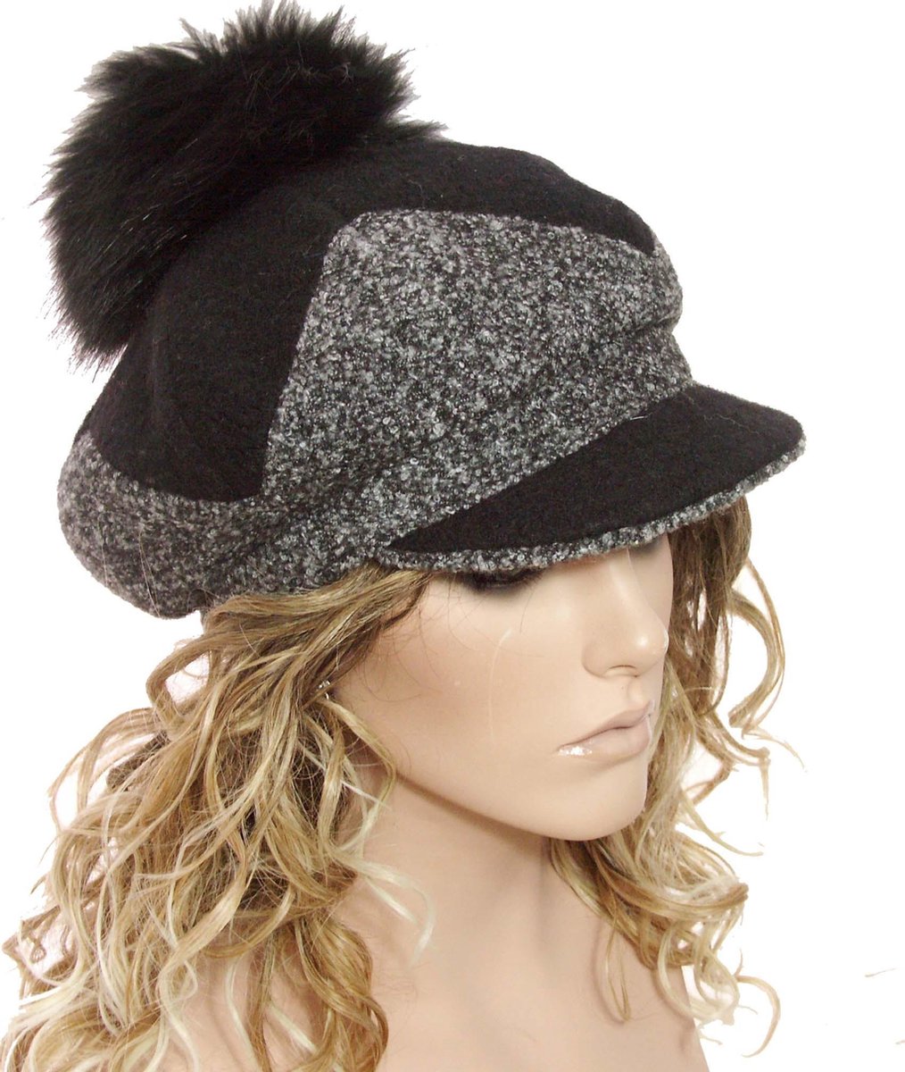 Luxe oversized dames winterpet baret met pompon kleur zwart maat M 56 57 centimeter