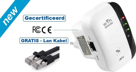 JC's - Wireless WiFi Versterker Stopcontact + Inclusief GRATIS Internetkabel - Wifi Signaalversterker - Ethernet - Wireless Range Extender- 300 mbps - 2.4 Ghz - JC's