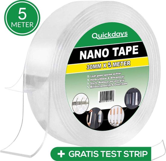 QuickDays® Dubbelzijdig Nano Tape Met Test Strip – Herbruikbaar en Waterproof – 5 Meter - Plakband - Extra Sterk