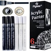 Acrylverfpennen, 6-pack acrylverfmarkeerstiften, 2-3 mm Acryl markers, 3 Zwart en 3 witte verfpennen voor rotsschildering, steen, keramiek, glas, hout, leer, plastic, stof