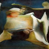 JJ-Art (Glas) 80x80 | Vrouw - man - gezicht - Picasso stijl - kubisme surrealisme abstract - kunst - woonkamer - slaapkamer | vierkant, geel, rood, blauw, modern | Foto-schilderij-