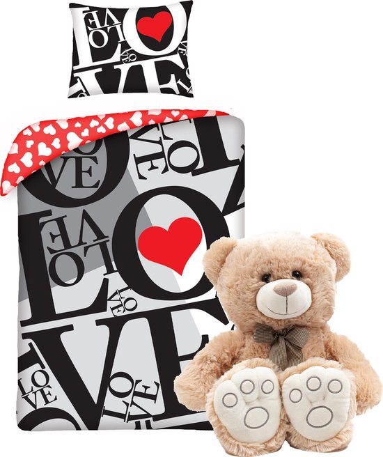 Dekbedovertrek Liefde rood hart-140 x 200 cm - Love dekbed - Valentijnsdag , incl. lieve knuffelbeer pluche 60cm