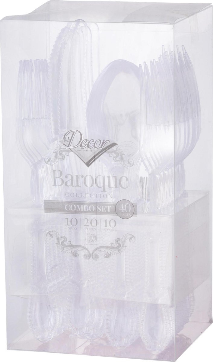 Decorline - Herbruikbare robuuste plastic bestekset Transparent - 40-delig - met elk 20 vorken, 10 messen en 10 soeplepels - Baroque Collection voor Kerstmis,Bruiloften, Verjaardagen, Feesten en Evenementen.