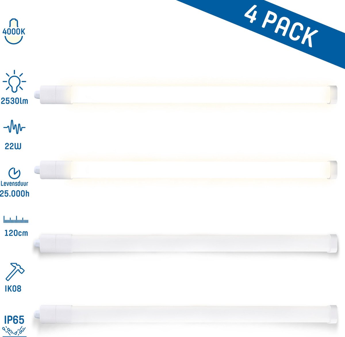 LED TL verlichting met armatuur - Waterdicht IP65 - Set van 4 LED balken - 22W - 120cm