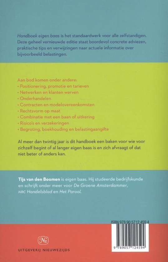 Achterkant boek 'Handboek eigen baas' met gele, groene en rode secties. Bevat informatie over het starten als eigen baas. ISBN nummer.