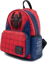Rode en blauwe Spiderman cosplay mini rugzak met Spidey-logo en Marvel | Loungefly-embleem. Blauwe zijde met tekst.