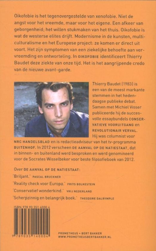 Achterkant van een boek met een foto van Thierry Baudet en tekst over het boek en de auteur.