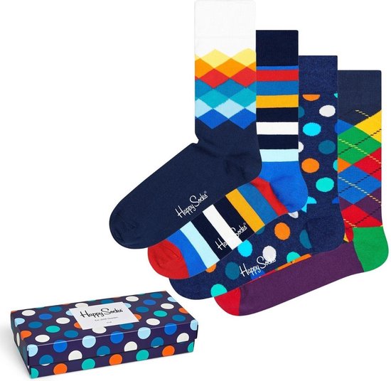 Doosje Happy Socks met vier paar sokken: ruiten, strepen, stippen.