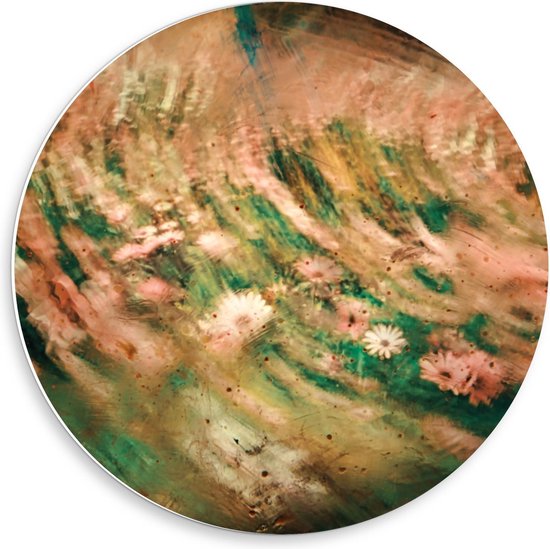 Forex Wandcirkel - Abstracte Roze en Groene vegen met Bloemetjes - 50x50cm Foto op Wandcirkel (met ophangsysteem)