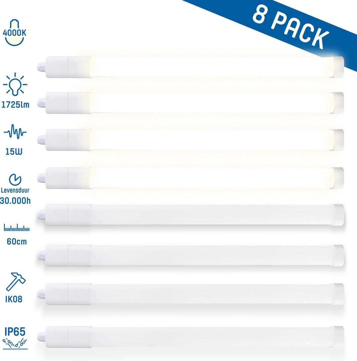 LED TL armatuur inclusief lampen - Waterdicht IP65 - Set van 8 LED balken - 15W - 60cm