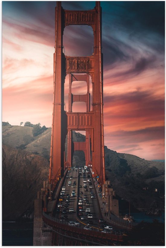 Poster – Golden Gate Bridge met Auto's - California - Amerika - 60x90cm Foto op Posterpapier