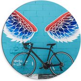 Dibond Wandcirkel - Fiets voor Blauwe Muur met Graffiti Vleugels  - 60x60cm Foto op Aluminium Wandcirkel (met ophangsysteem)