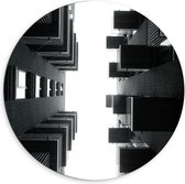 Dibond Wandcirkel - Gebouwen van Onder (Zwart Wit) - 60x60cm Foto op Aluminium Wandcirkel (met ophangsysteem)