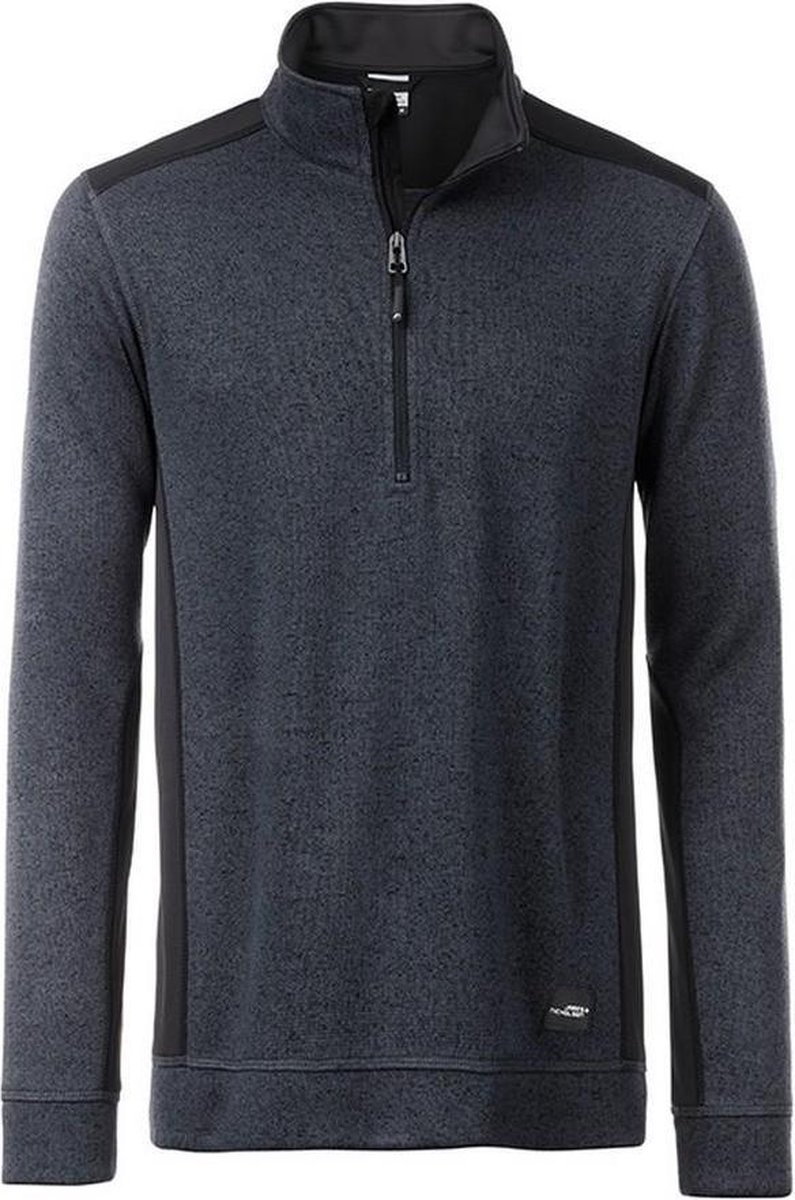 James and Nicholson Heren Gebreide werkkleding Fleece Half-Zip Koolstofgrijs Melange Zwart