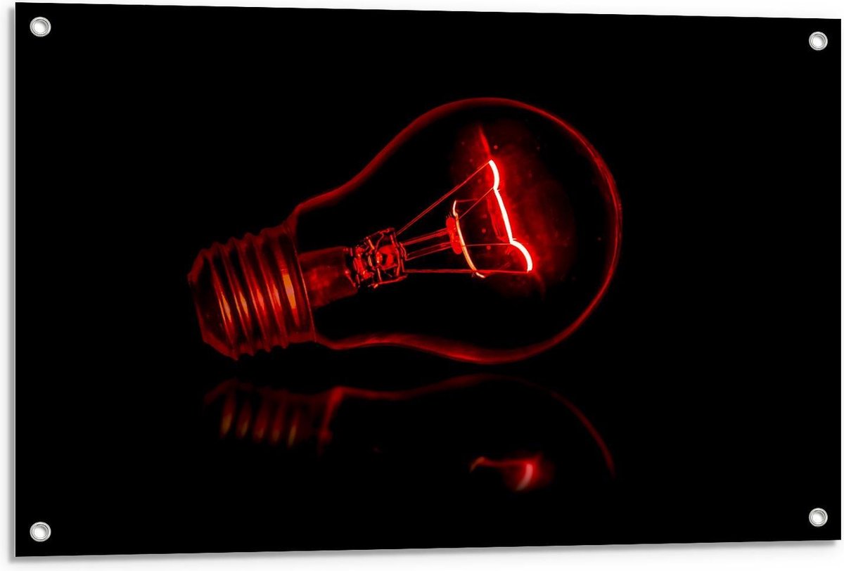 Tuinposter – Rode Gloeilamp op Zwarte Achtergrond - 90x60cm Foto op Tuinposter (wanddecora