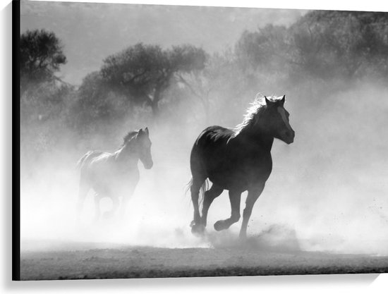 Canvas  - Rennende Paarden door het Stof (Zwart Wit) - 100x75cm Foto op Canvas Schilderij (Wanddecoratie op Canvas)