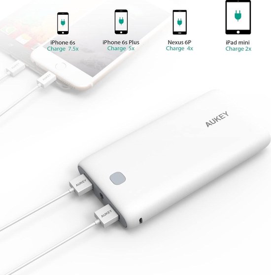 AUKEY Powerbank 20000 mAh - Draagbare Oplader met 2 USB Poorten, AiPower Technologie, Geïntegreerde Zaklamp, LED Batterij Indicator – Wit