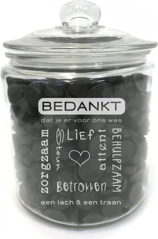 Foto: Snoeppot voorraadpot met tekst gravure bedankt dat je er voor ons was zonder drop cadeau bedankje special iemand de snoeppot voorraadpot is gemaakt van dik sterk glas het formaat is 21cm incl deksel 13 5cm doorsnede inhoud 2 liter 