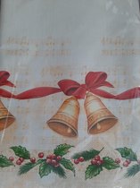 Kersttafelkleed stevig papier Creme met rondom Gouden Klokken en Mistletoe, maat 140x240 kerstkleed  kerstklokken, Tafelkleed kerst