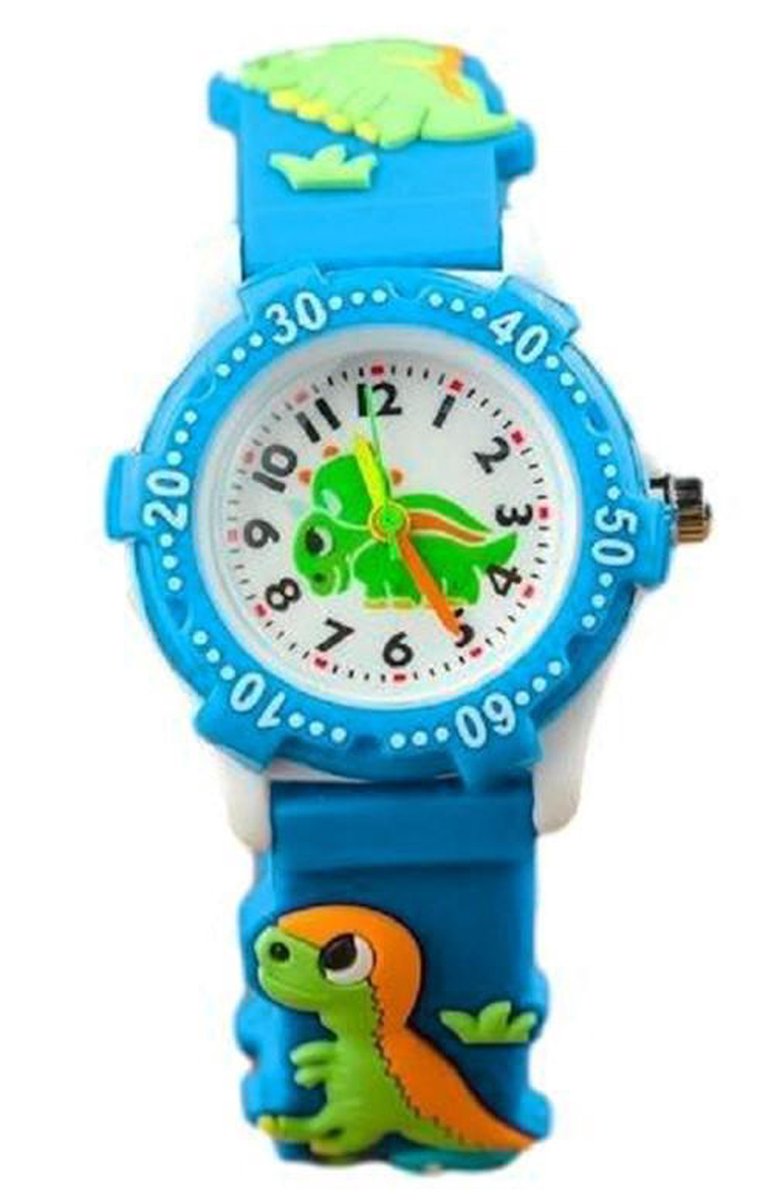 Dinosaurus horloge - 3D - kinderen - lichtblauw/groen - analoog - 28 mm - I-deLuxe verpakking