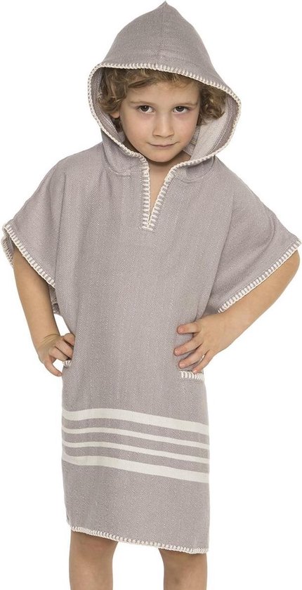 Kinder Strandponcho Hamam Light Grey - 8-9 jaar - - jongens/meisjes/unisex pasvorm - poncho handdoek voor kinderen met capuchon - zwemponcho - badcape - badponcho