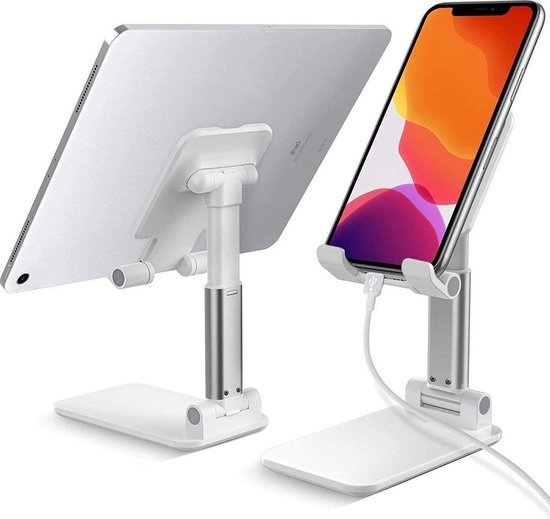 Dvzion telefoonhouder – tablet houder – bureau accessoires – aluminium – verstelbaar en opvouwbaar standaard – antislip – wit