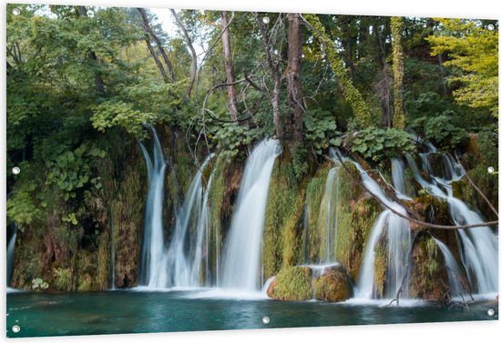 Tuinposter – Watervallen in de Bossen - 150x100cm Foto op Tuinposter  (wanddecoratie voor buiten en binnen)