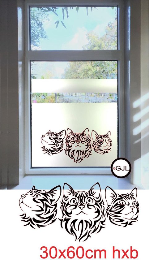 Raam sticker 3 Poezen Hoofden  -  Katten Hoofden  -  Raamdecoratie - Muursticker  Zwart -Stickervel 30x60 bxh