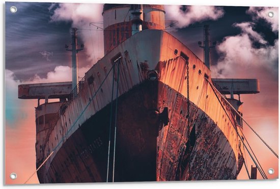 Foto: Tuinposter oud verroest schip met oranjekleurige lucht 90x60cm foto op tuinposter wanddecoratie voor buiten en binnen 