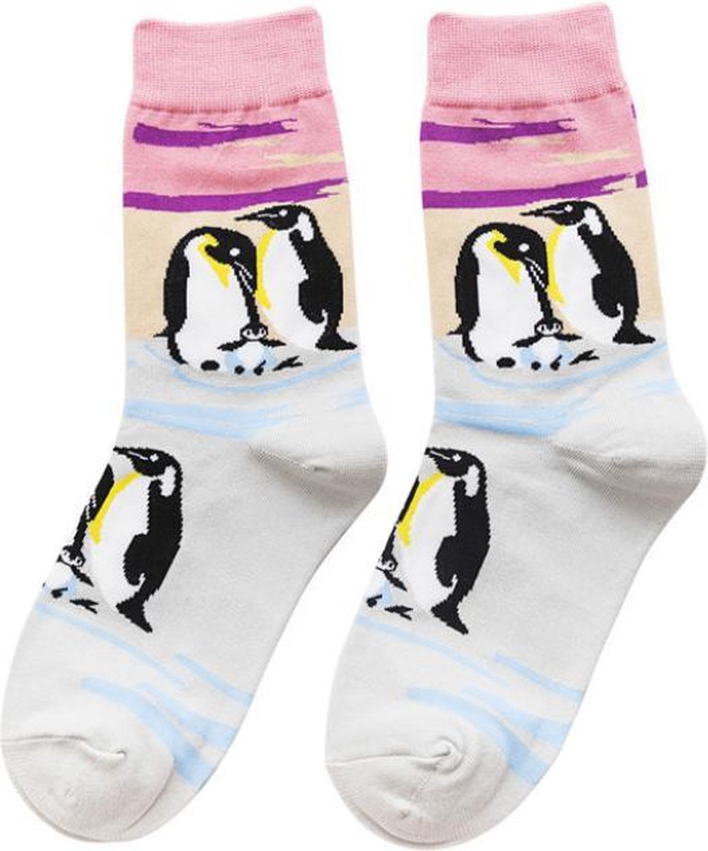 Sokken dames print pinguin blauw / roze 36-40