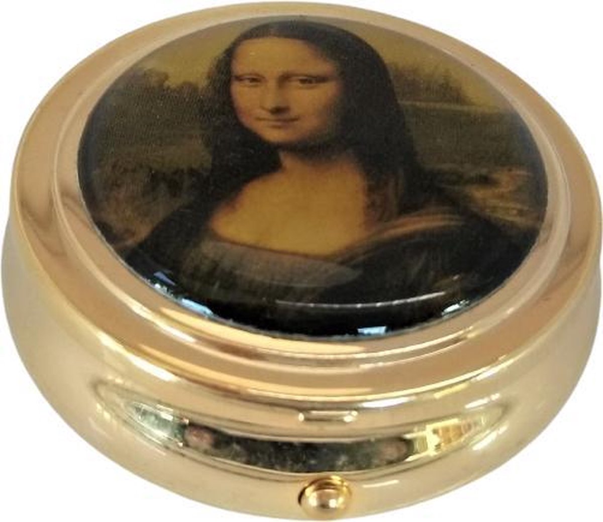 Goedkoopste Zeeuws Meisje - Luxe pillendoosje - Pillbox - messing verguld met echt laagje goud - afbeelding Mona Lisa van Leonardo da Vinci