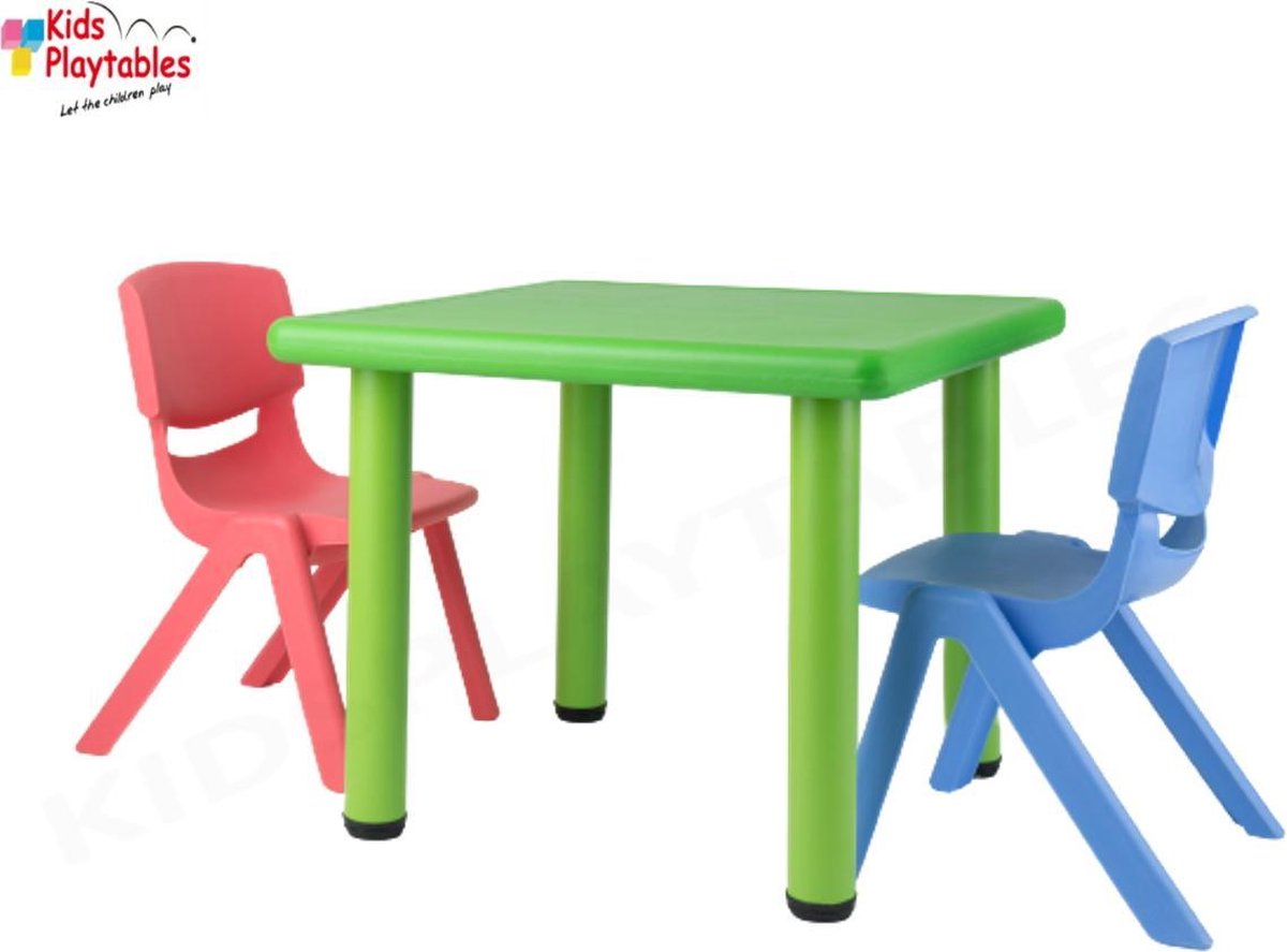 Feodaal Ban Bibliografie Vierkante Kunststof Kindertafel met 2x kinderstoeltjes - kleur groen-  Plastic tafel -... | bol.com
