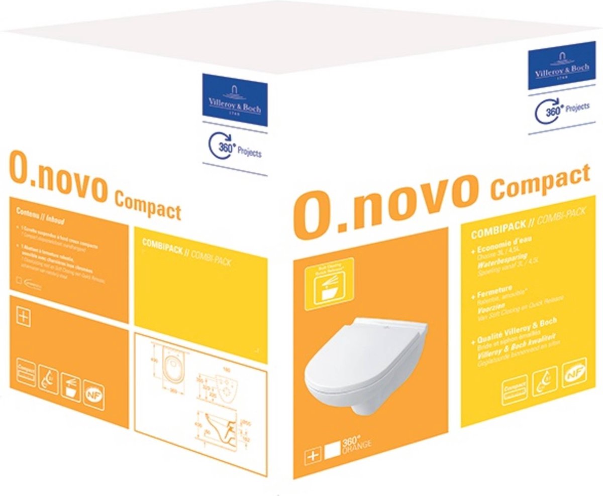 Villeroy & Boch O.novo combipack - met wandcloset - diepspoel Compact 49cm - met zitting - met softclose en quick release ceramic+ wit