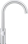Chroom GROHE keukenkraan met een hoge, gebogen uitloop en ronde bediening op de basis.
