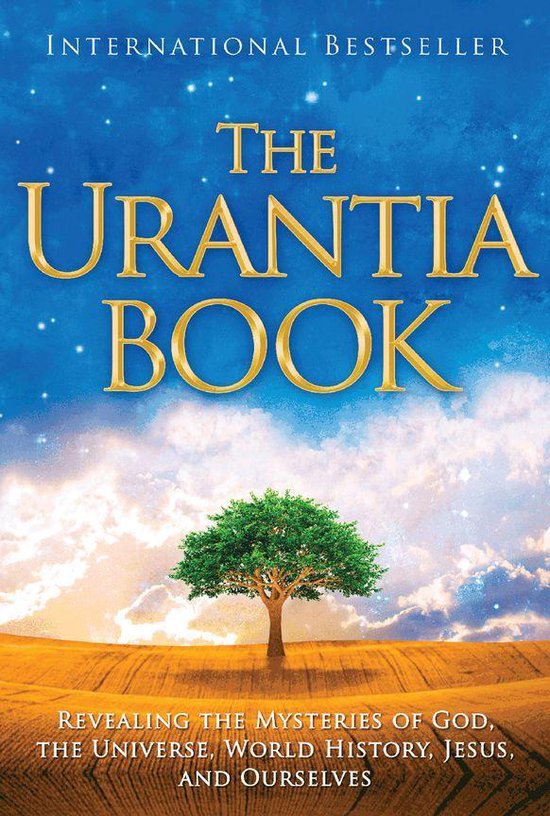 Boek 'The Urantia Book', een internationale bestseller, met een boom op een veld onder een blauwe hemel.