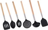 Kookgerei set van 6 stuks - Set Keukengerei -bakspatel 34 cm hout rvs - opscheplepel 34 cm hout zwart - schuimspaan 34 cm hout staal - schuimspaan 34 cm hout rvs - schuimspaan 34 cm hout rvs-