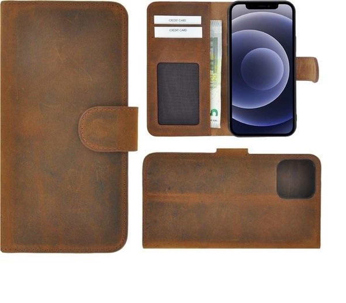 Geschikt voor Iphone 12 Hoesje - Bookcase - Iphone 12 Hoesje Portemonnee wallet Echt Leer Antiek Bruin Cover