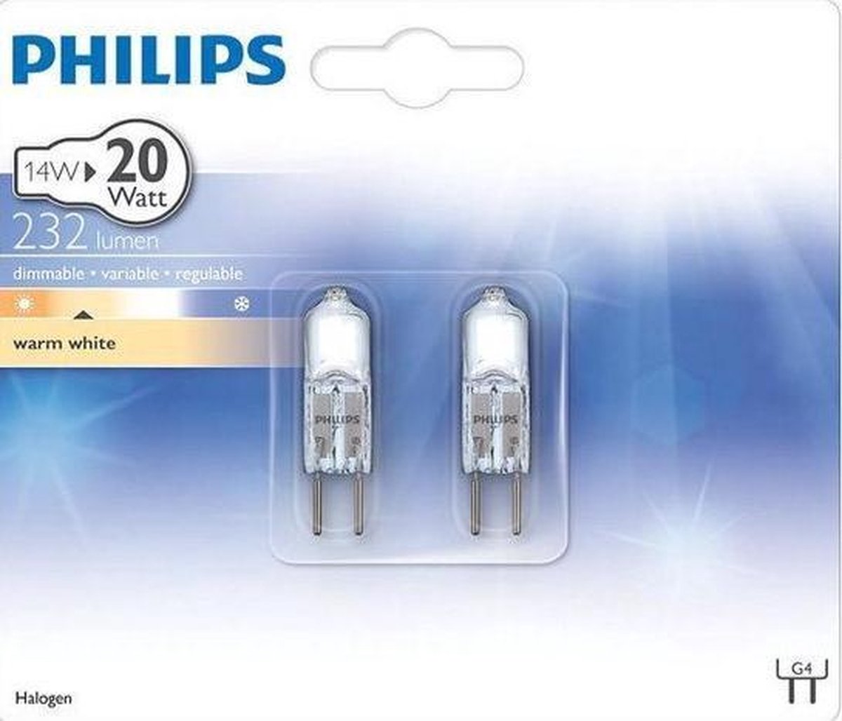 Philips G4 12v 14watt (20W) Steeklampje Halogeen (2 stuks)