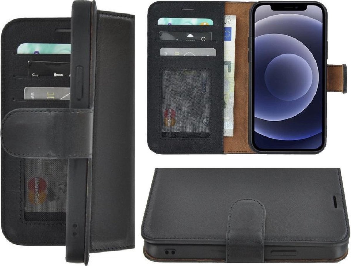 Geschikt voor Iphone 12 Pro Max Hoesje - Bookcase - Iphone 12 Pro Max Hoesje Portemonnee wallet Echt Leer Zwart Cover