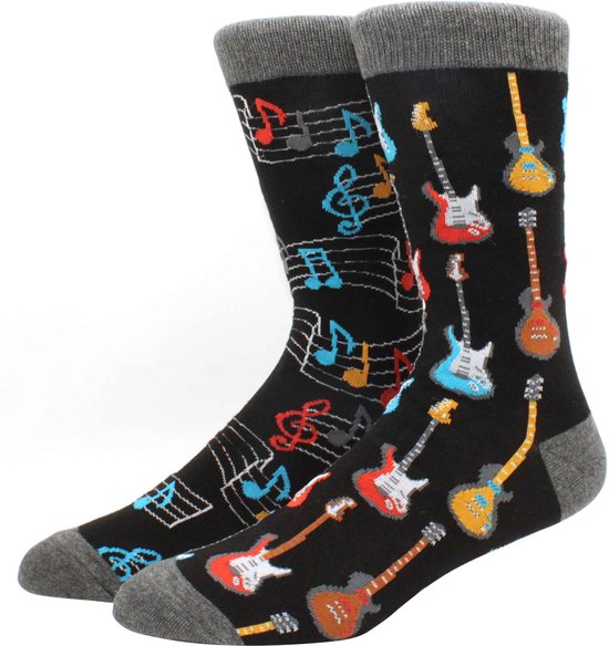 1 paar verschillende sokken met gitaren en muzieknoten - Gitaar en muziek sokken maat 39-46