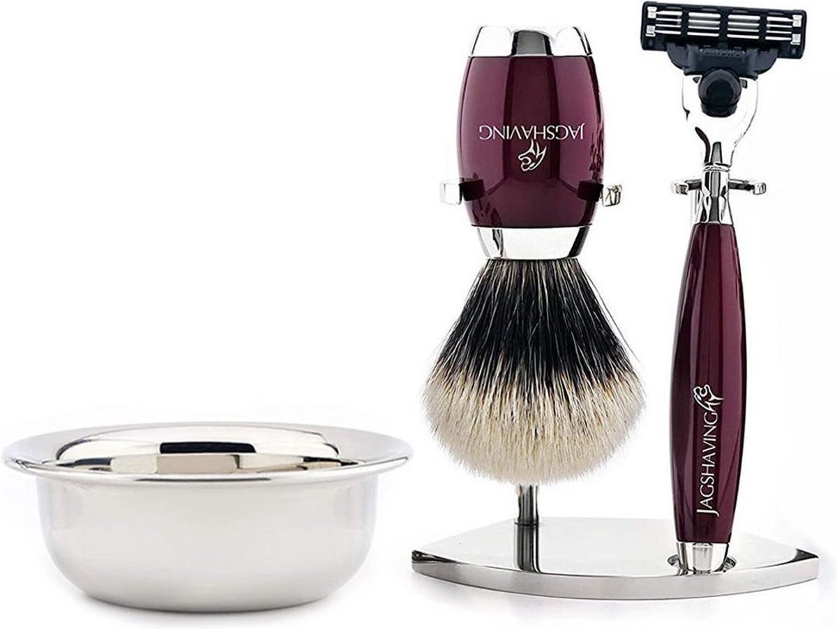 Scheerset voor heren met scheerkwast met zilveren punt, scheerset met 3 randen, dubbele stalen standaard en kom, cadeau voor mannen