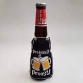 Zwart schortje voor bierfles met "Proficiat! Proost!" - biertje, cadeautje, pilsje, verjaardag, huwelijk, gefeliciteerd