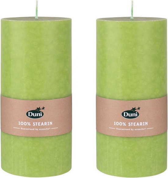 2x stuks bladgroene cilinderkaarsen/stompkaarsen 15 x 7 cm 50 branduren - Groene geurloze kaarsen