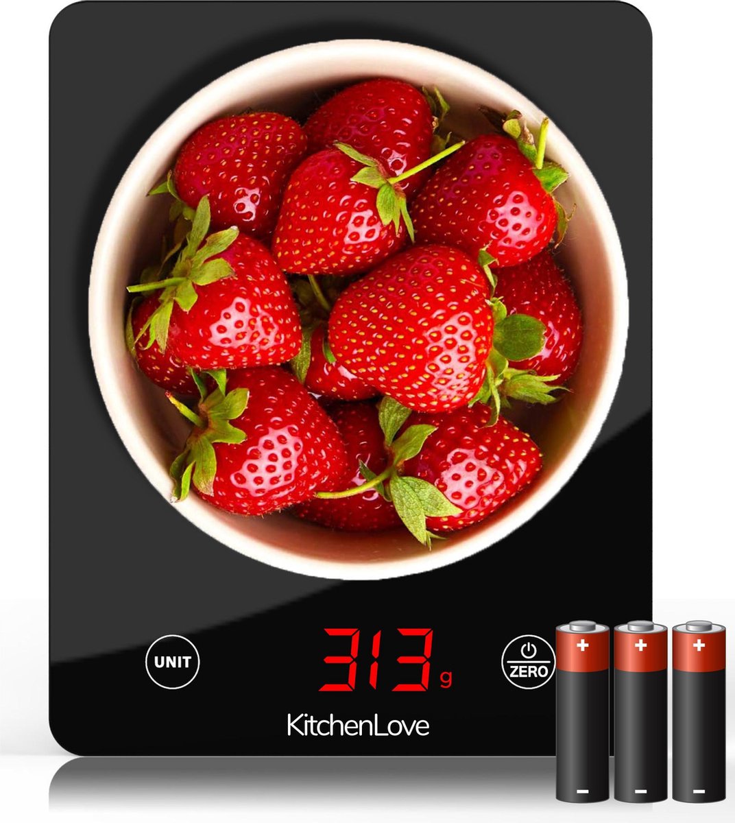 KitchenLove - Keukenweegschaal Digitaal - 1gr tot 5 kg - Precisie Weegschaal Keuken - Incl. Batterijen - Zwart - KitchenLove