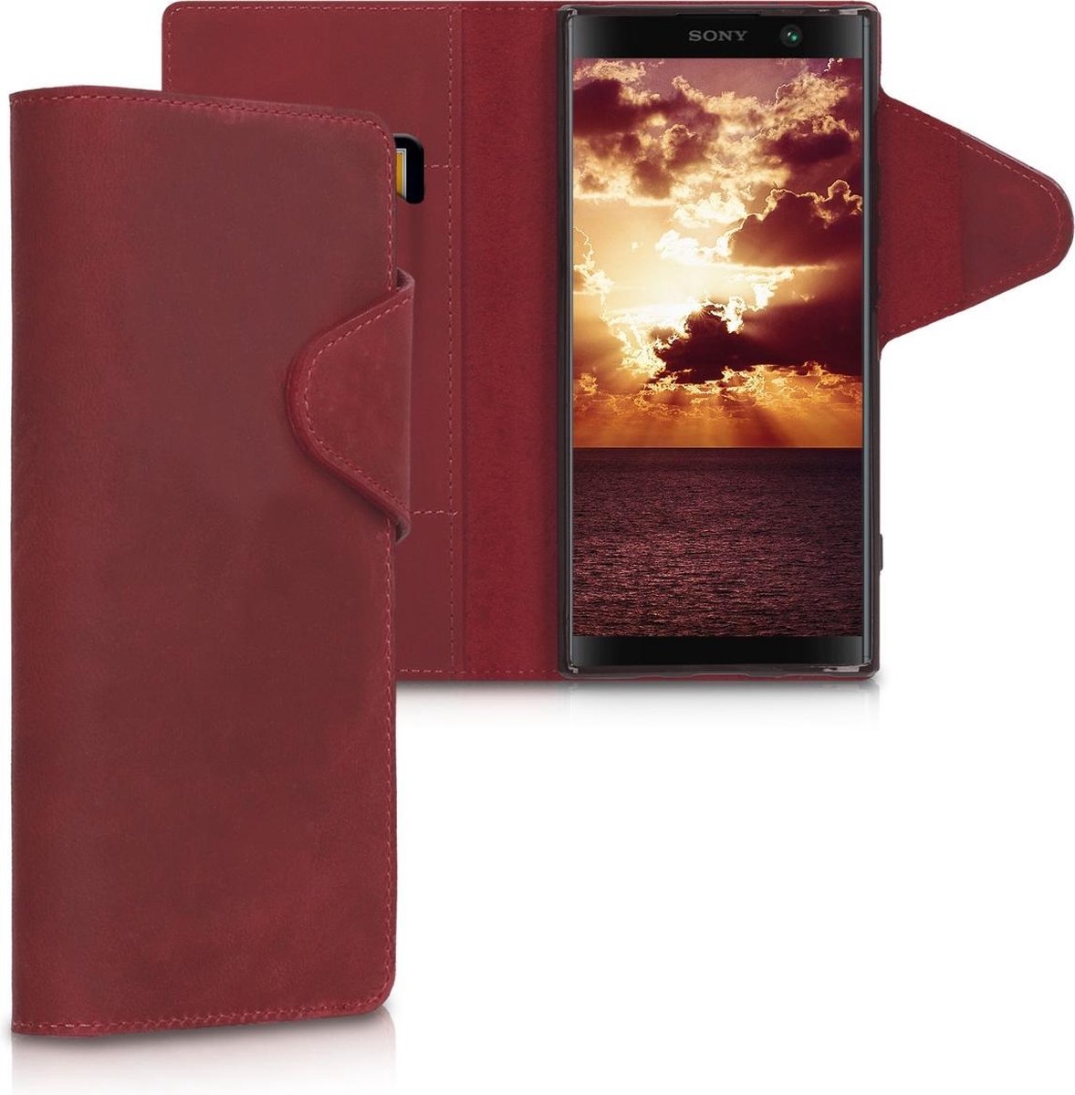 kalibri telefoonhoesje voor Sony Xperia XA2 Plus - Hoesje met pasjeshouder en standaard - donkerrood - Wallet case