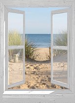 Tuinposter - 130x95 cm - doorkijk - openslaand wit venster - duinovergang - tuindecoratie - tuindoek - tuin decoratie - tuinposters buiten - tuinschilderij