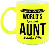 Worlds Greatest Aunt / tante cadeau koffiemok / theebeker neon geel 330 ml