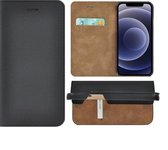 Etui pour iPhone 12 Mini - Etui Portefeuille en Cuir - Etui Portefeuille Ultra mince Bookcase en cuir véritable Zwart