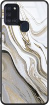Samsung A21s hoesje glas - Marmer wit goud - Hard Case - Zwart - Backcover - Marmer - Grijs