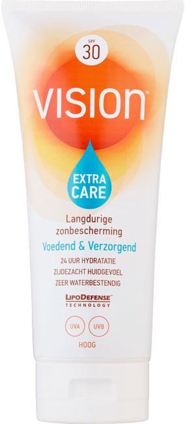 Vision Extra Care zonnebrandcrème met SPF 30, voedend en verzorgend, 24 uur hydratatie, zijdezacht huidgevoel.